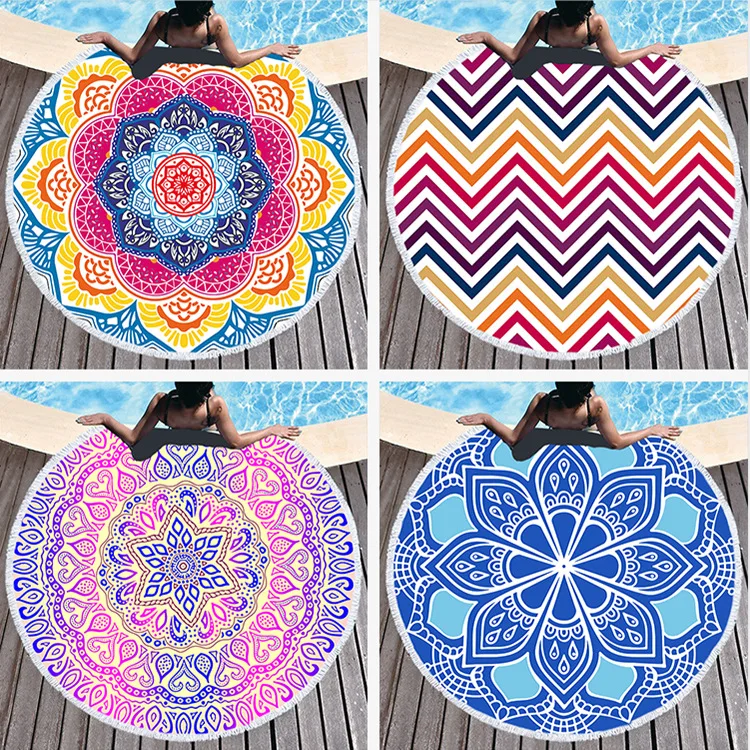 

Mandala Round Print Beach Towel Microfiber Towel With Tassel Summer Sun Protection Shawl Pool Cushion Travel Bath Towel