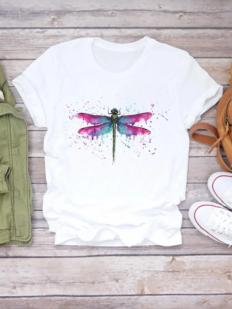 

Women Short Sleeve Graphic T Top Fashion Print T-shirts Cartoon Dragonfly Watercolor Lovely Shirt Stylish Female Tee T-Shirt