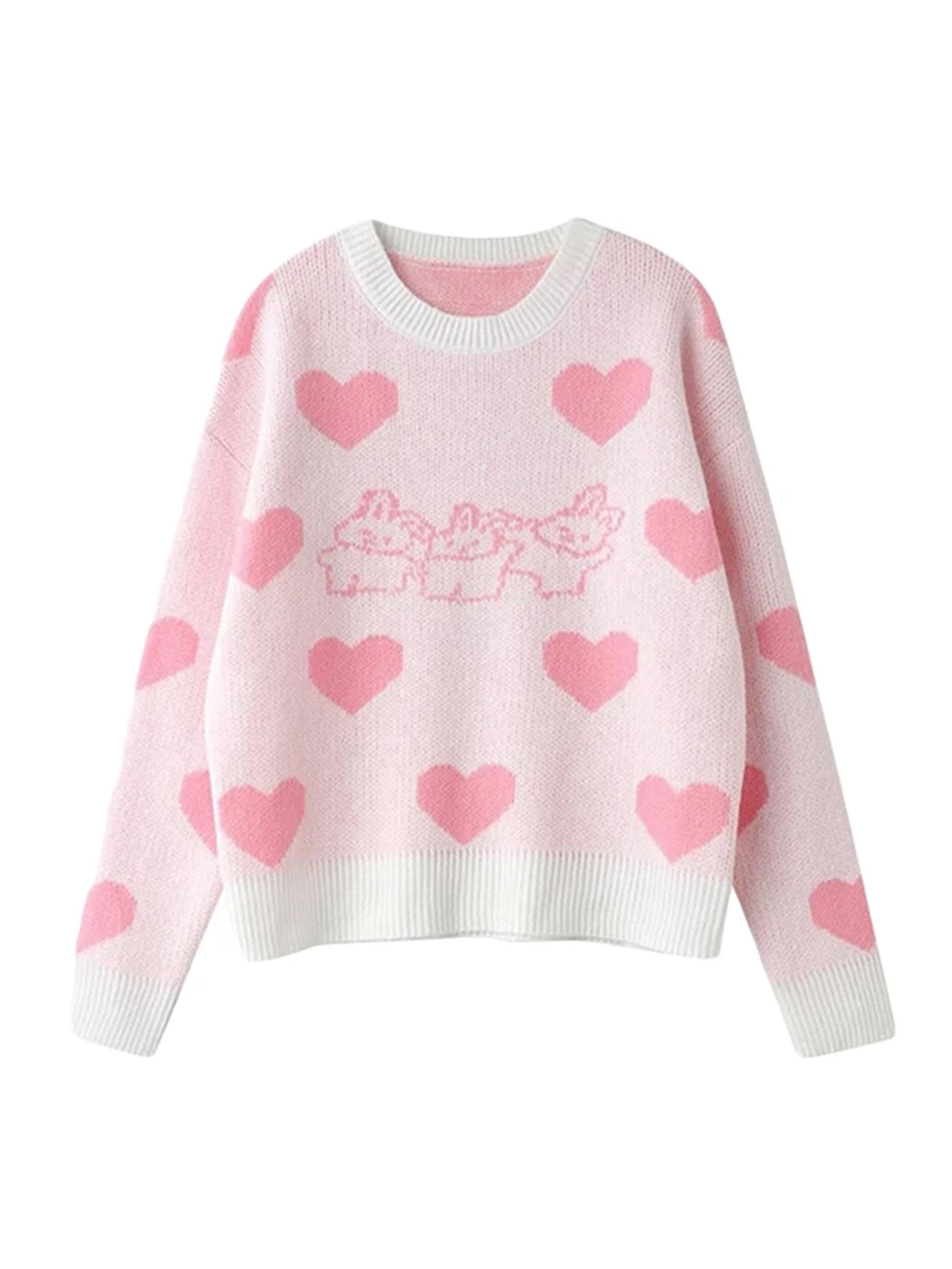 

Women Cute Heart Print Sweater Oversized Long Sleeve Crewneck Knit Pullover Kawaii Preppy Graphic Print Jumper Top