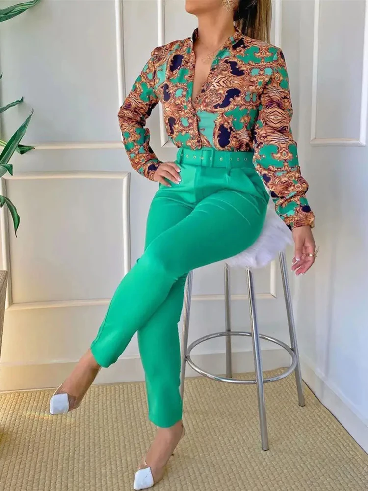 

Elegant Shirts Two Piece Womens Sets Vintage Officee Lady Print Button Long Sleeve Top Pants Set With Belt 2022 Autumn Outifits