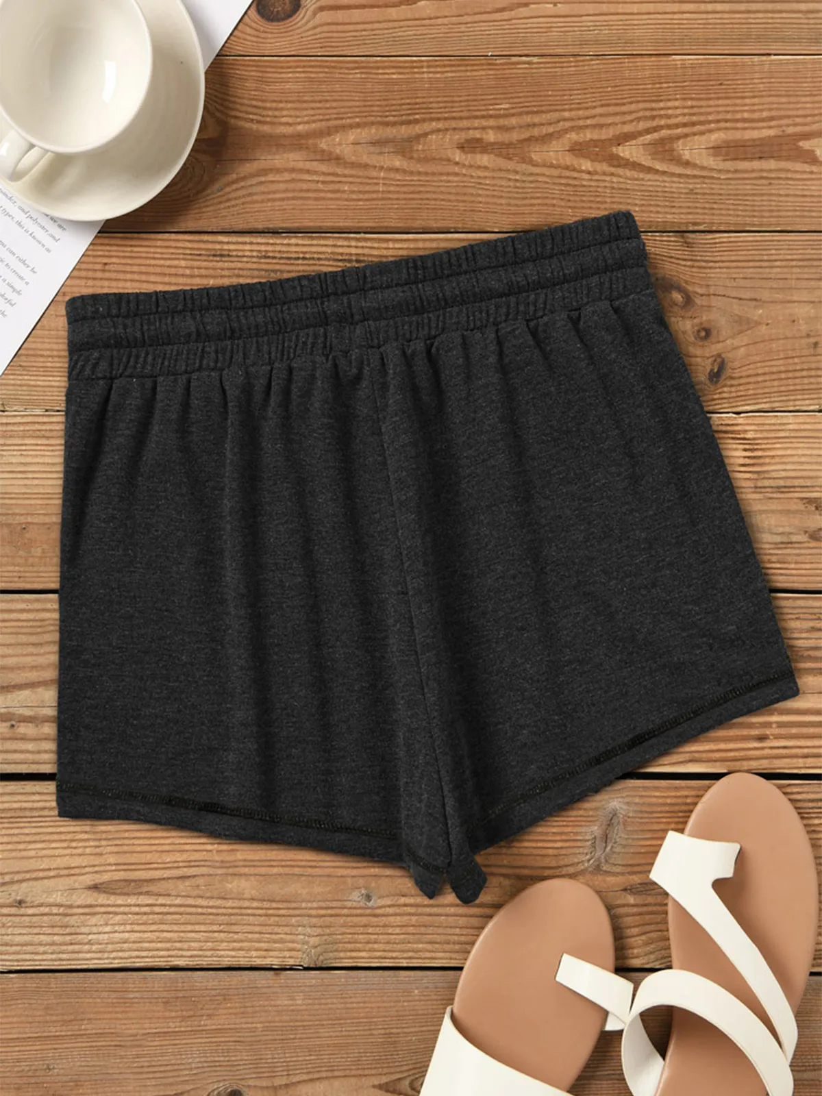 Women Casual Pocket Drawstring Shorts Dark Grey Elastic Waist Wide Leg Shorts Female Tracksuit Workout Bottoms Shorts Female