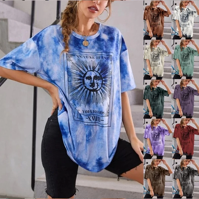 

Футболка женская с принтом солнца и надписью Tie Dye, винтажная уличная одежда в стиле Харадзюку, Свободная Повседневная рубашка с коротким ру...