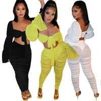 womens sexy flared sleeve t shirt mesh pleated pants suit womens