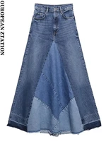 pailete women 2022 fashion patchwork cotton denim midi skirt vintage high waist five pockets zipper female skirts mujer