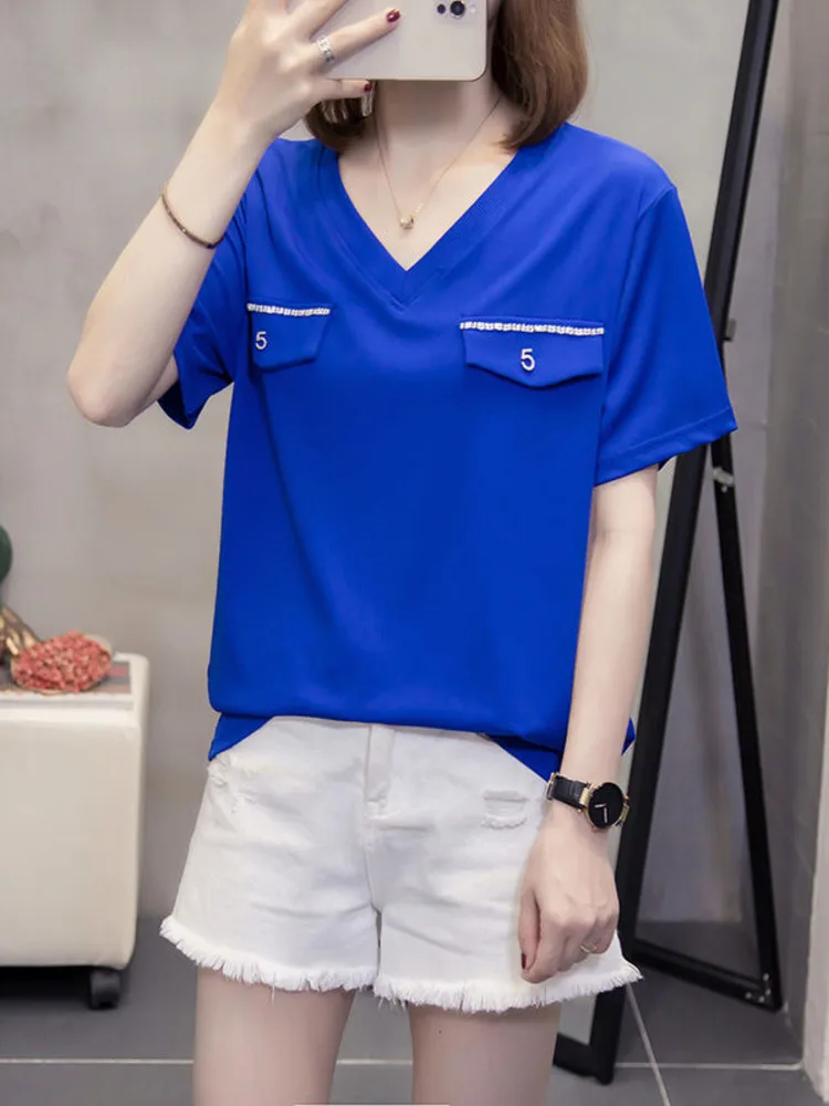 

Oversize XL-4XL Ice Silk Top Women 2022 Summer Loose Short Sleeve Diamond V-neck Large Tshirt Solid Color Casual Simple Tops