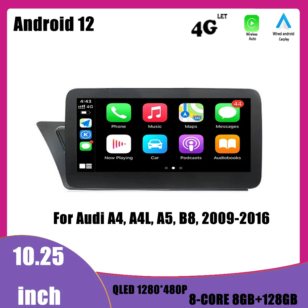 

Car Radio Multimedia Player Navigation GPS DSP Carplay WIFI For Audi A4, A4L, A5, B8, 2009-2016 Android 12 10.25"