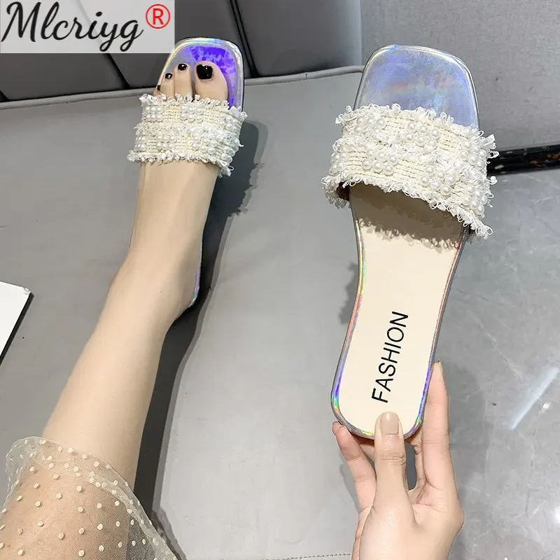 

Mlcriyg Fashion Summer Slippers Shoes Women 2021 Casual High Heel Open Toe Mules Chunky Heel Beaded Flip Flops Slides Sandals