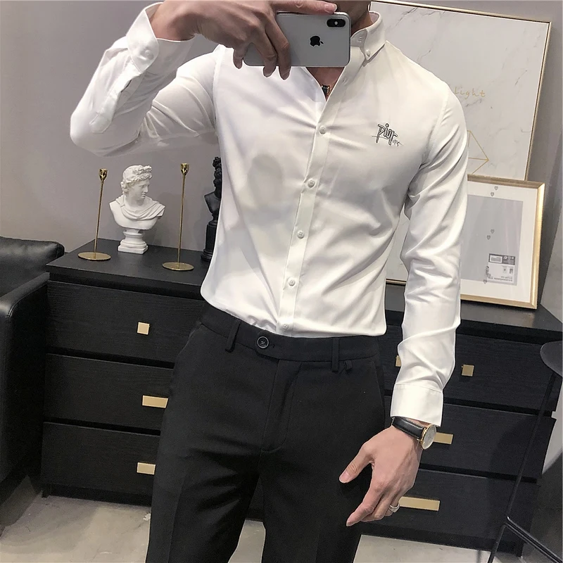 2022 Men's Regular-fit Long Sleeve Easy Care Shirt Formal Business Office/Working Wear Bamboo Fiber Solid Social Dress Shirts