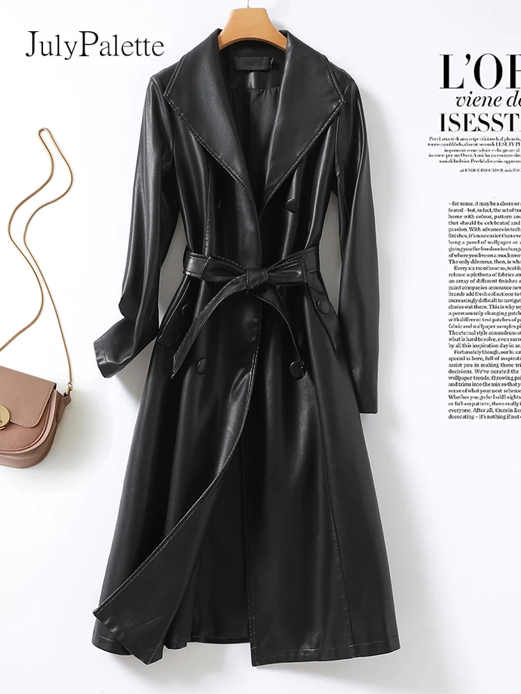 Julypalette женский длинный тренчкот с отложным воротником, длинным рукавом и поясом из овечьей кожи, осень 2022 Julypalette женский длинный тренчкот с отложным воротником, длинным рукавом и поясом из овечьей кожи, осень 2022