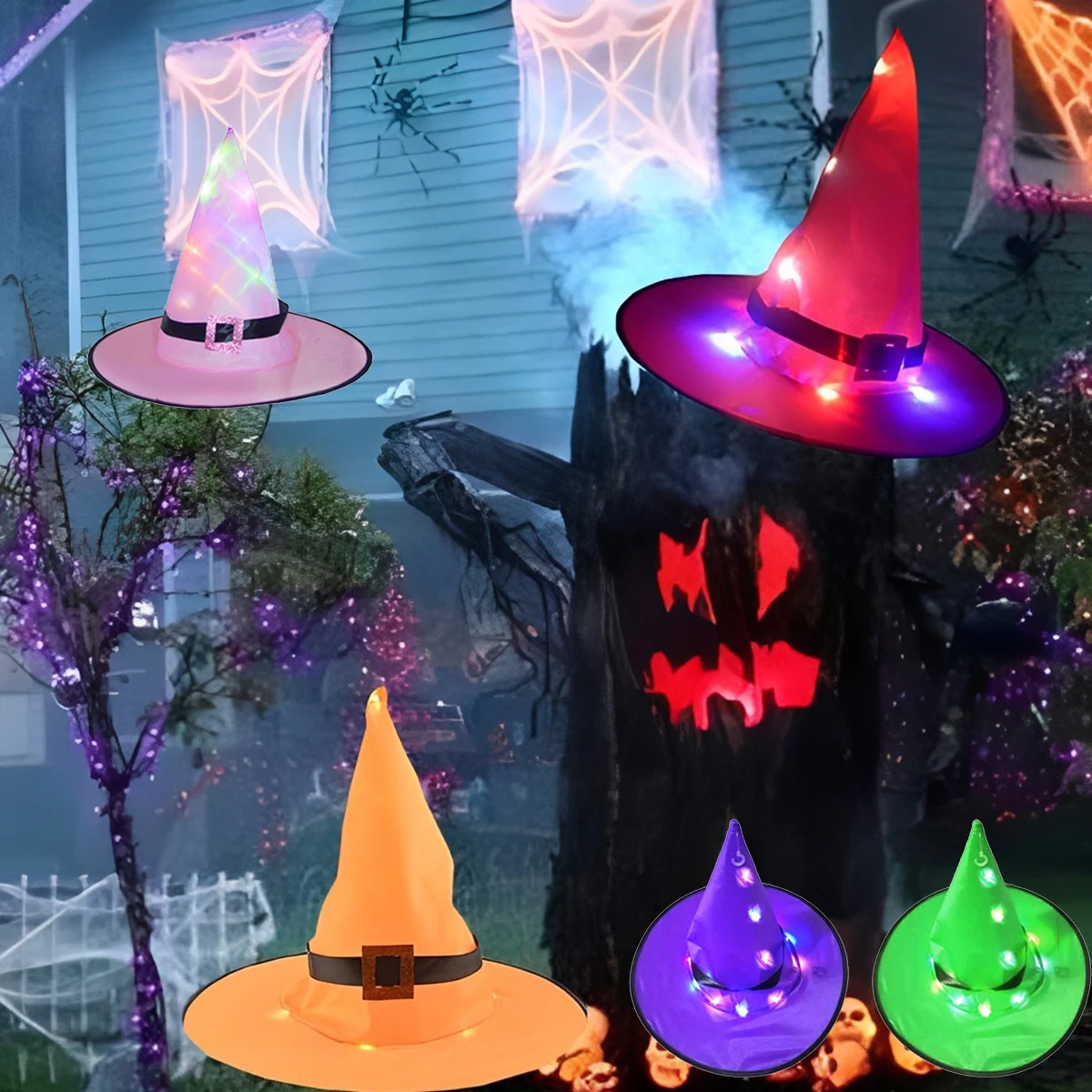

5Pcs Halloween Glowing Witch Hat Halloween Decoration Witch Hat IP65 Waterproof Hanging Lighted Witch Hat Battery Operated