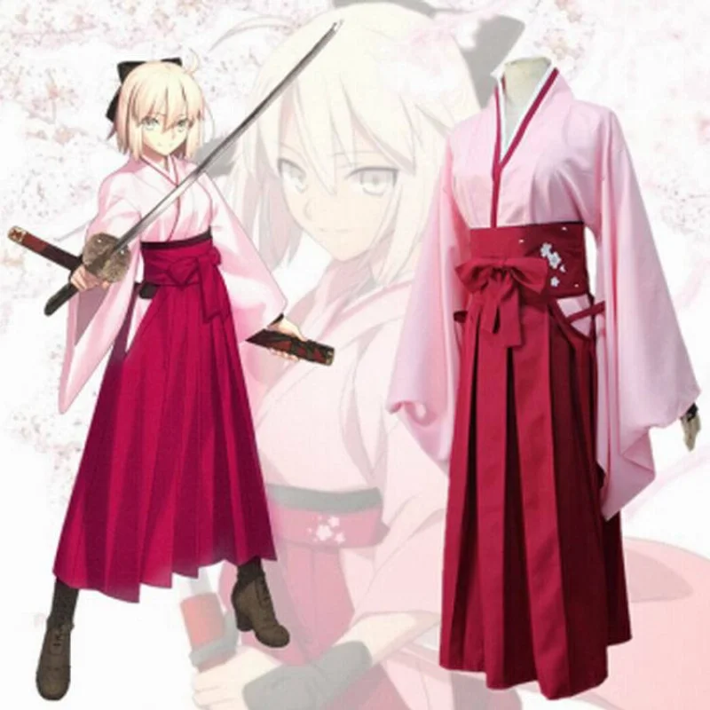 

Game Fate Grand Order FGO Okita Souji Cosplay Sakura Saber Kimono Uniform Costume Full Set Anime Party Halloween Outfit