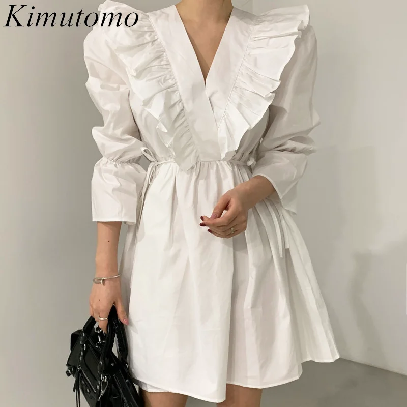 

Chic Female Dresses Kimutomo Korean Early Spring New Ins Solid Design Ruffles Stitching V-neck Bandage Flare Sleeve A-line Dress