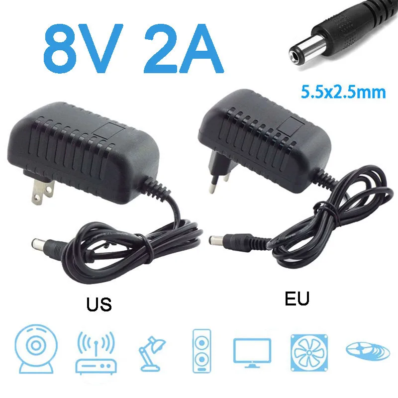 

8 в 2A 100 мА Источник питания AC DC адаптер преобразователь настенное зарядное устройство 240-в светодиодный трансформатор 8 в импульсный источник питания