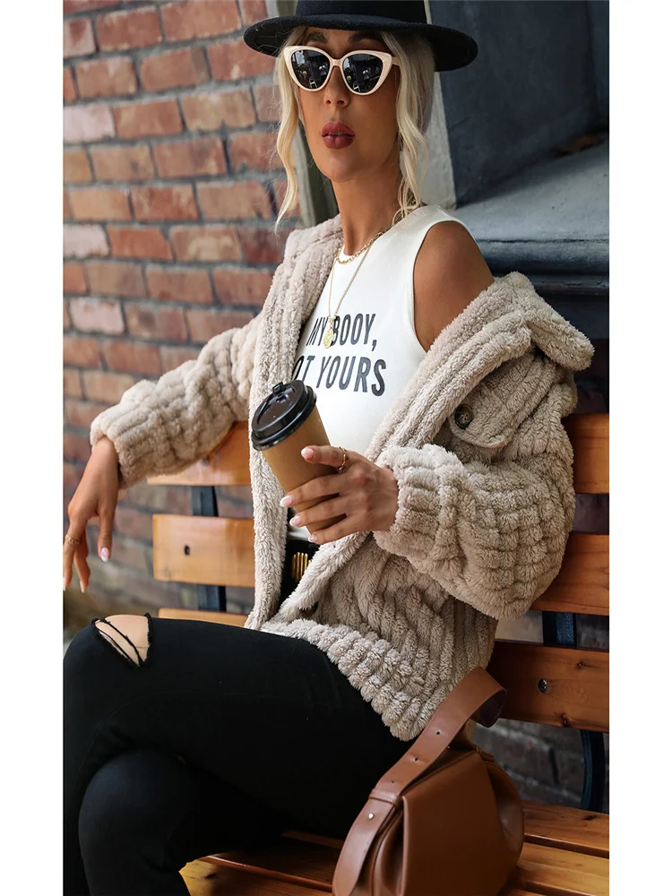 Women's Autumn and Winter Double-sided Velvet Long Sleeved Lapel Breasted Solid Color Medium Long Plush Comfortable Casual Coat