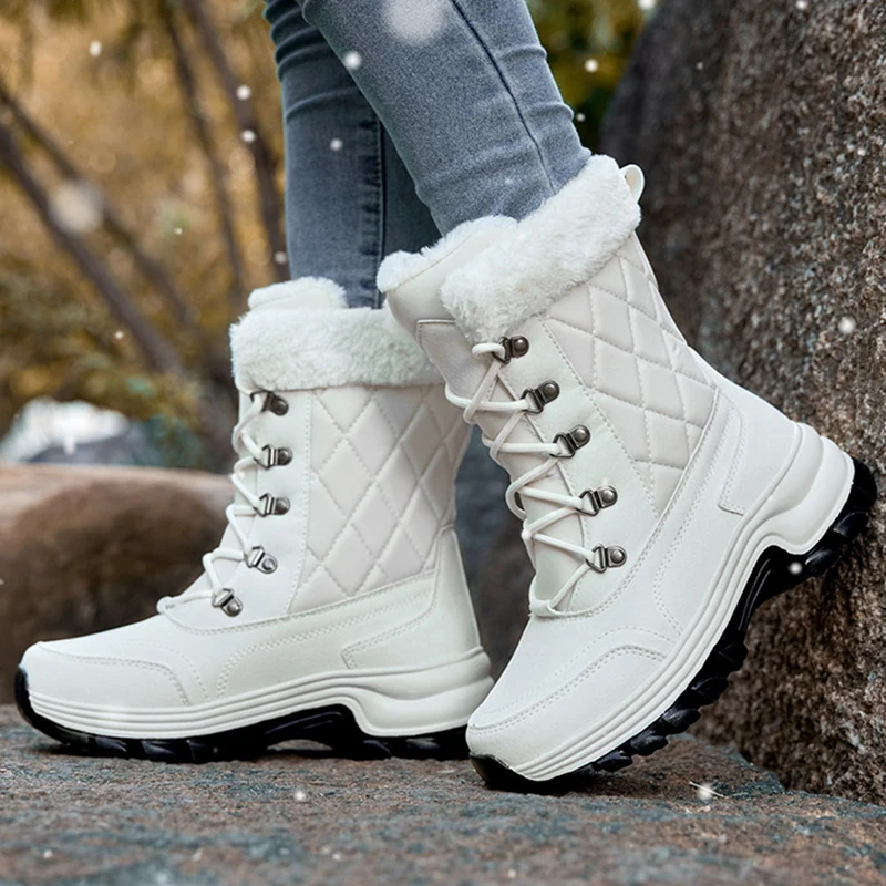 

Winter Fashion Women New Snow Boots Middle Tube Warm Plush Comfortable Platform Shoes Waterproof Non-Slip Lace Up Ski Boot 36-42