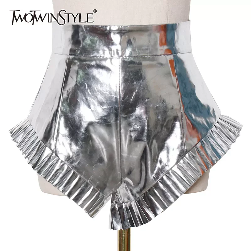 

TWOTWINSTYLE Silver Casual Short For Women High Waist Loose Ruched Minimalist Shorts Female 2021 Summer Fashion Clothing Stylish