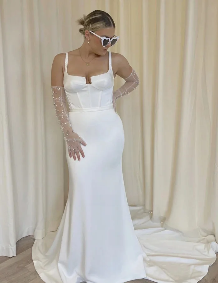 Фото Vestidos De Noiva потрясающие простые атласные свадебные платья на тонких бретельках Милое платье русалки невесты женское пляжное платье Mariee №2