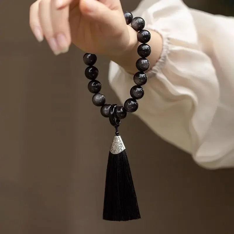 Натуральный серебряный обсидиан пробуждающий лев держащий 18 четки браслет с