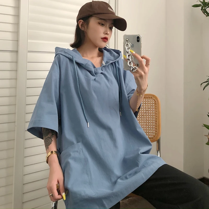 

Women's Sweatshirt Short Sleeve T-Shirt Solid Hooded Collar Design Sense Niche Loose Harajuku Style Half-Sleeve Top Coat