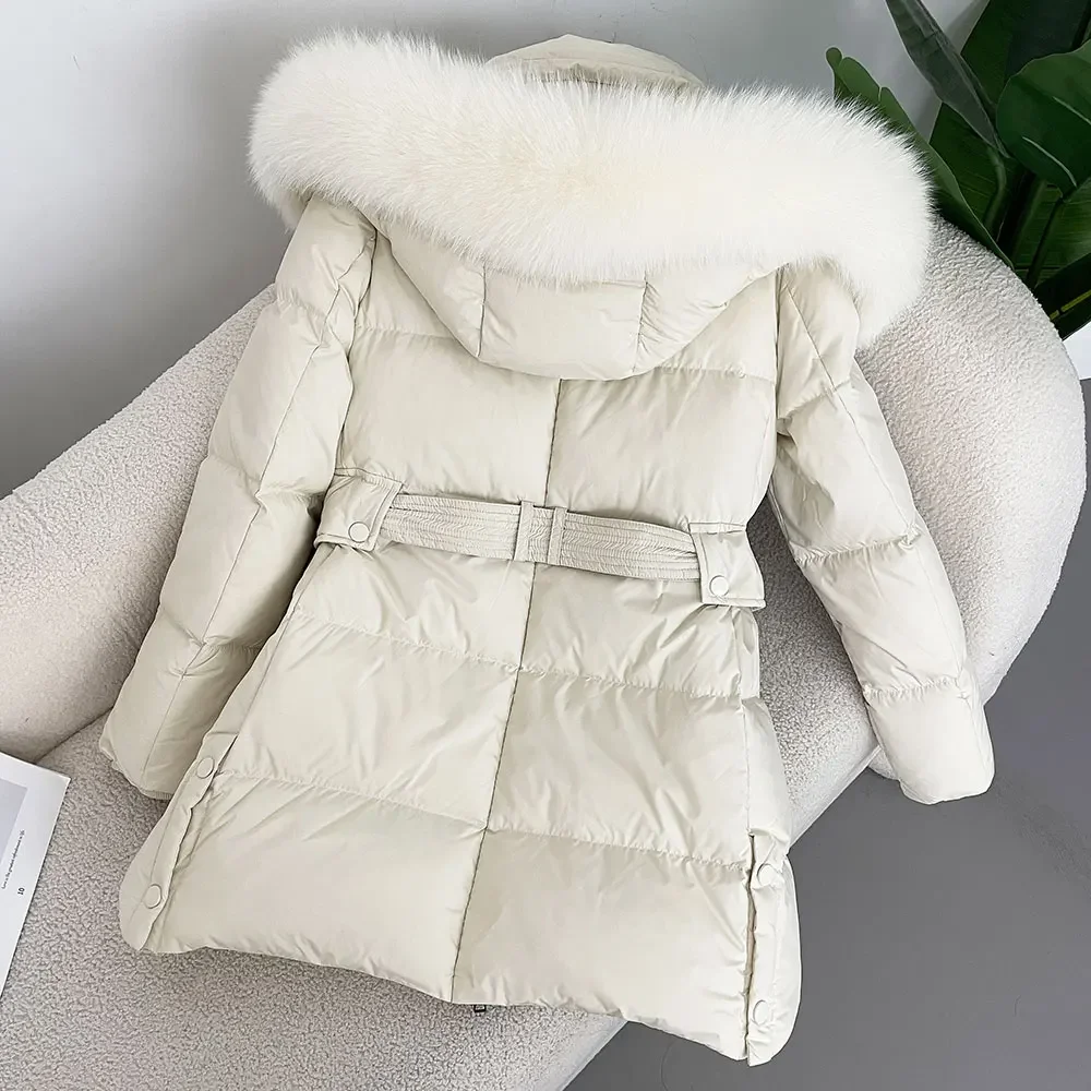 Женский длинный пуховик со съемным воротником теплая куртка на белом утином пуху
