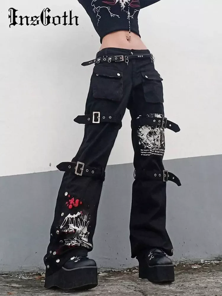 

InsGoth Y2K Punk Skull Print Black Buckle Pants Harajuku High Waist Big Pocket Trousers Goth Mall Grunge Cargo Pants Techwear