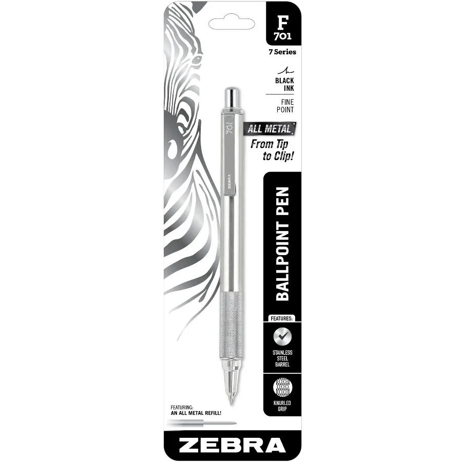 Ручка-роллер Zebra F-701, цельнометаллическая, 0,7 мм, средняя, быстросохнущая, корпус из нержавеющей стали, с рифленой рукояткой, милые школьные принадлежности (art.: 3920d7c85bf89) - 3920d7c85bf89