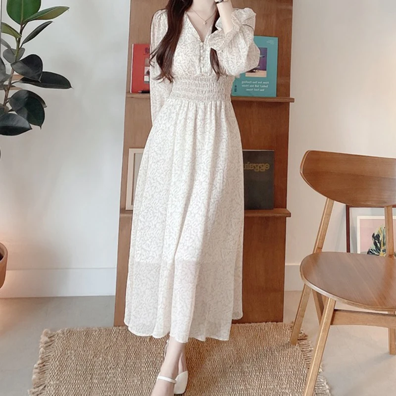 

Spring Fashion Casual Vintage Women Dress Elegant Floral V-Neck Midi Chiffon Dress Lady Long Sleeve Dresses Vestido