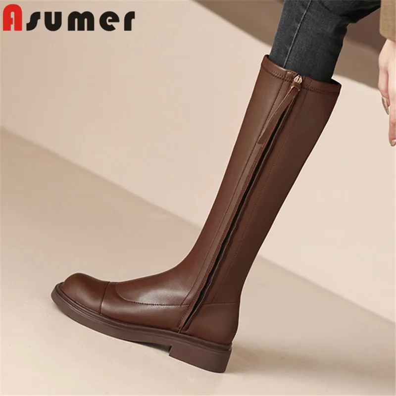 

Женские осенние сапоги до колена ASUMER, на платформе и толстом среднем каблуке, из натуральной кожи, на молнии, новинка 2023