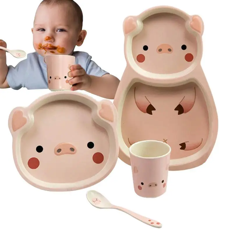 

4Pcs/ Set Children Baby Tableware Set Cartoon Pig Plates Kid Dishes Children Dinnerware Anti-hot Training Food Bowl Spoon