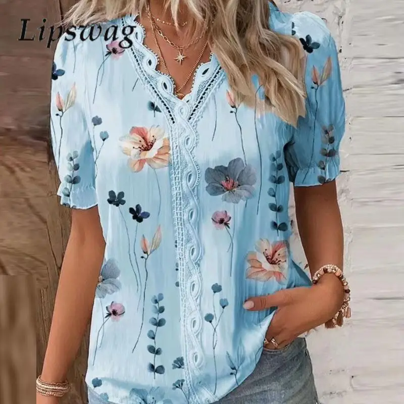 

Fashion Embroidery Lace Blouse Shirts Women Sexy V-Neck Party Pullover Tops Office Lady Vintage Short Sleeve Blusa Streetwear