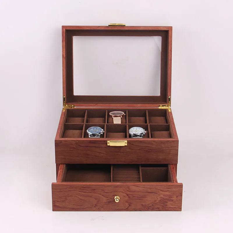 

Double layer design top quality brown color men home wooden watch box 10 grids watch storage