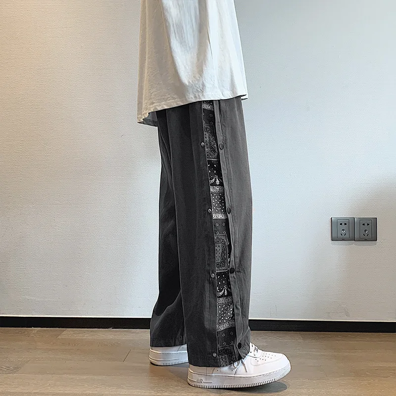 Cashew Flower Breasted Pants Men's Korean Fashion Streetwear Summer Casual Straight Gothic Pants Loose Wide Leg Pants Trousers