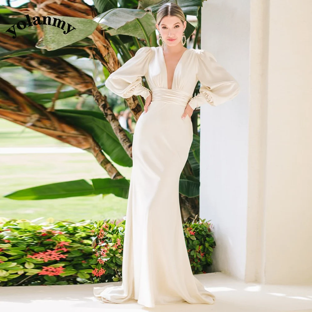

YOLANMY Elegant Wedding Dresses Scoop Puffy Sleeve Satin Pleat Lace Up Formal Bridal Gown Robe De Mariée For Women Custom Made