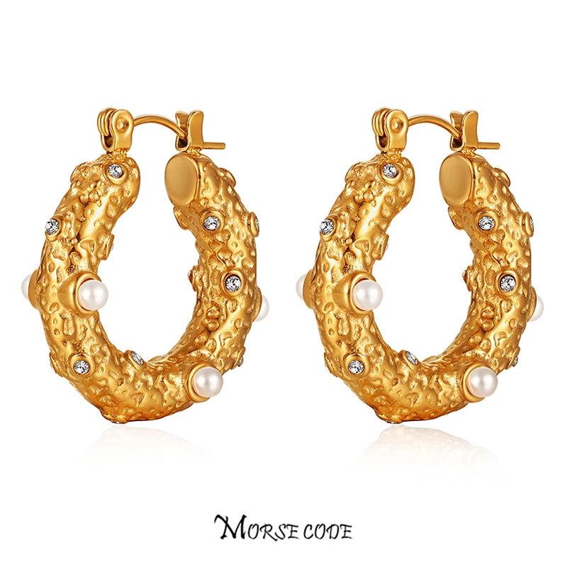 

MORSE CODE Big Stainless Steel Zircon Pearls Hoop Earrings for Women Ear Piercing Round Earring Fashion Jewelry Pendientes Gifts