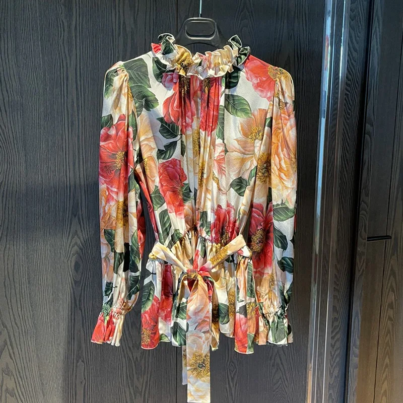 

Женский топ высокого качества, модный подиумный шелковый красный топ с принтом камелии, универсальный элегантный топ с этикеткой