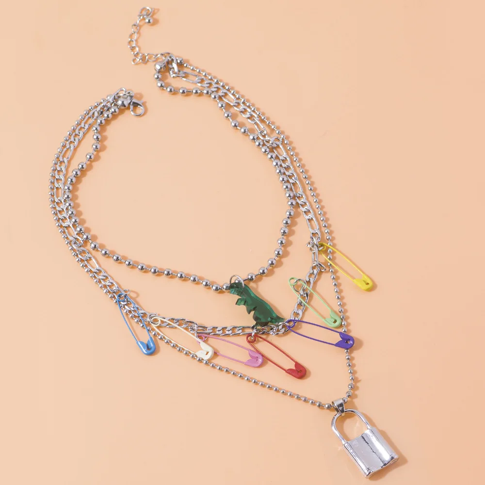 

Punk Multi Layer Necklace Individuality Color Pin Clavicle Chain Green Dinosaur Lock Pendant Necklaces Statement Jewelry