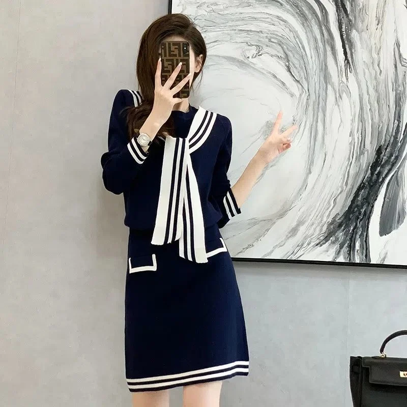 

Модные Повседневные комплекты с юбкой в студенческом стиле, женский осенне-зимний темно-синий свитер с воротником и мини-юбка, комплект из двух предметов, свитер, вязаный костюм