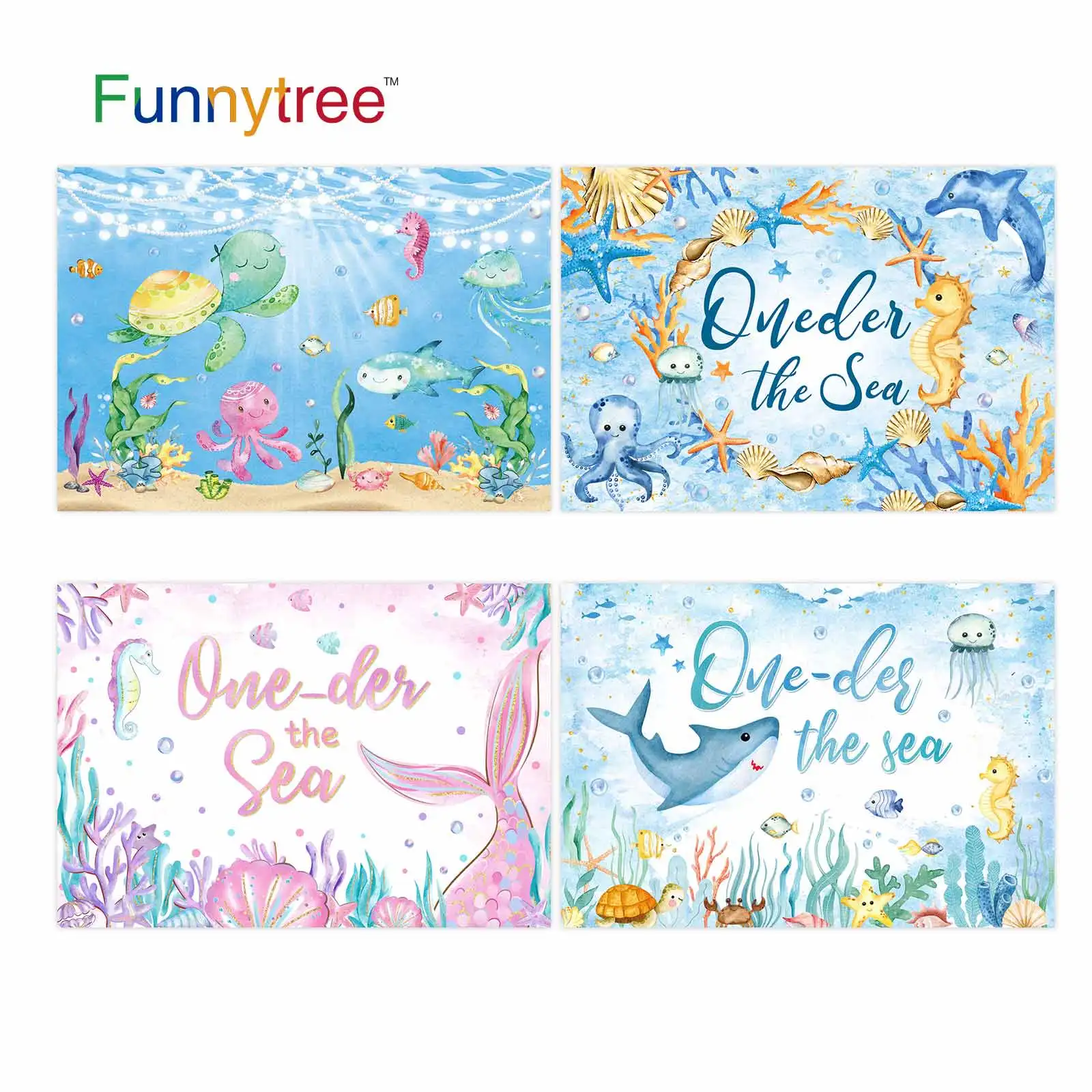 

Funnytree One-der the Sea 1st Birthday Party Background Ocean Marine Life Baby Shower Newborn Shark Decor Photozone Backdrop