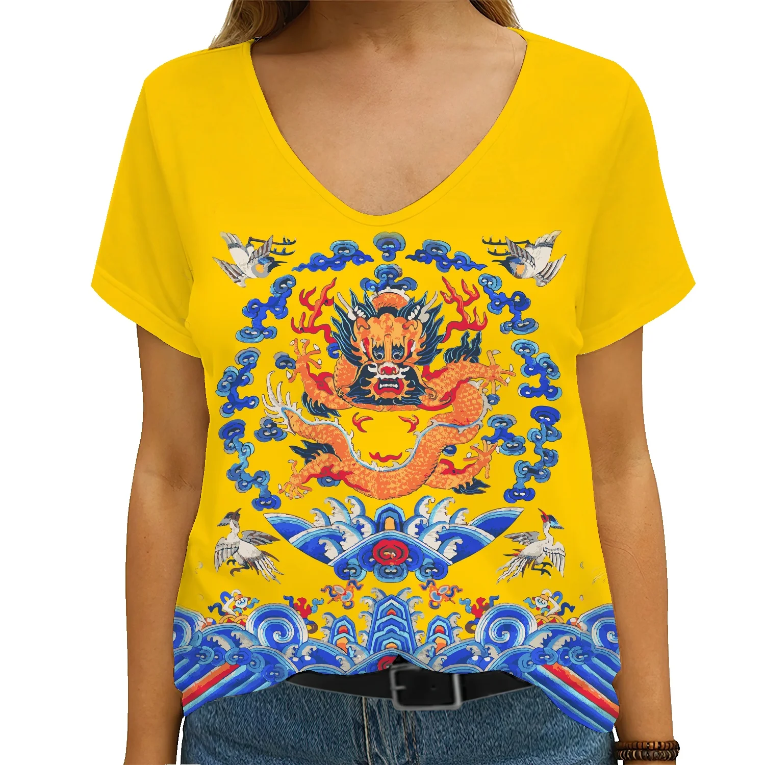 

Ladies Short Sleeve Dragon Animal Print T-Shirt Women 2022 Casual Fashion Street Loose Short Sleeve V-Neck Top