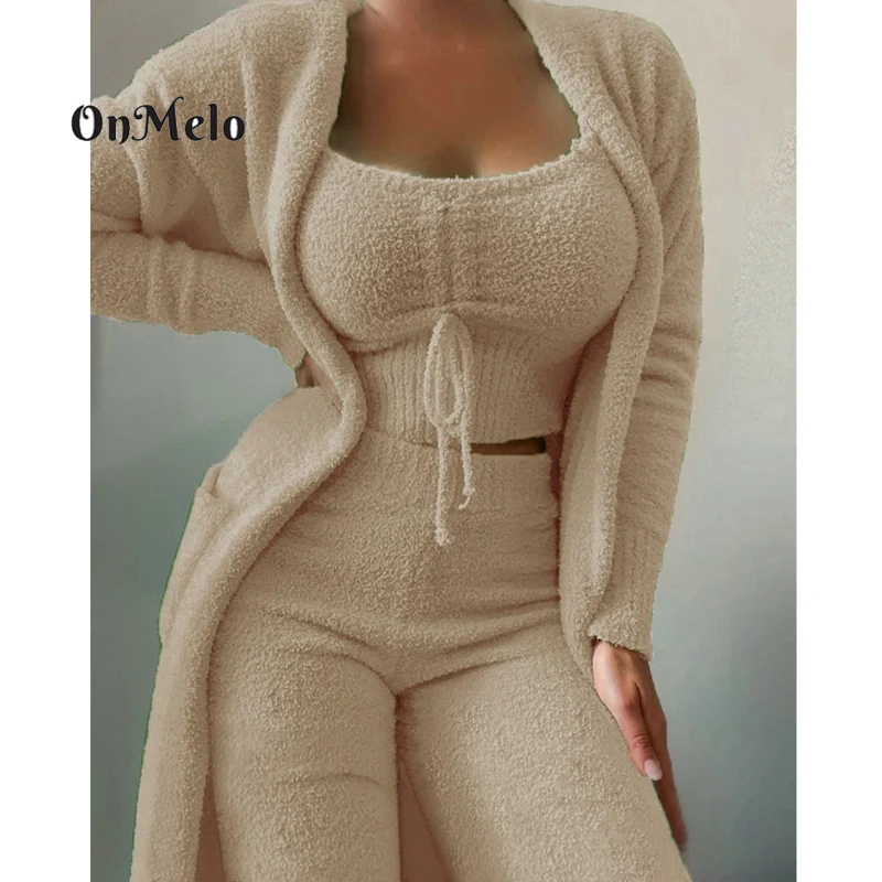 OnMelo Women's Velvet Pajamas Set Autumn Winter Crop Top+Long Pants+Coat 3 Pieces Suit Warm Soft Fleece Homewear New Pyjamas