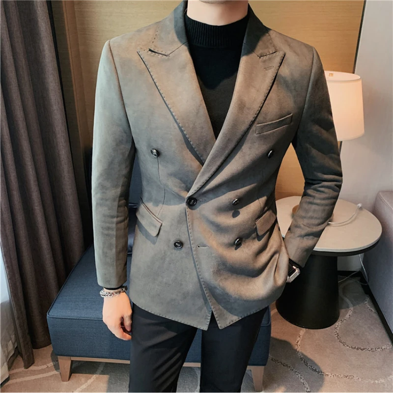 Autumn Winter Men's Suede Blazer Fashion Double Breasted Casual Suit Jacket Slim Korean Street Wear Social Men Clothing M-4XL