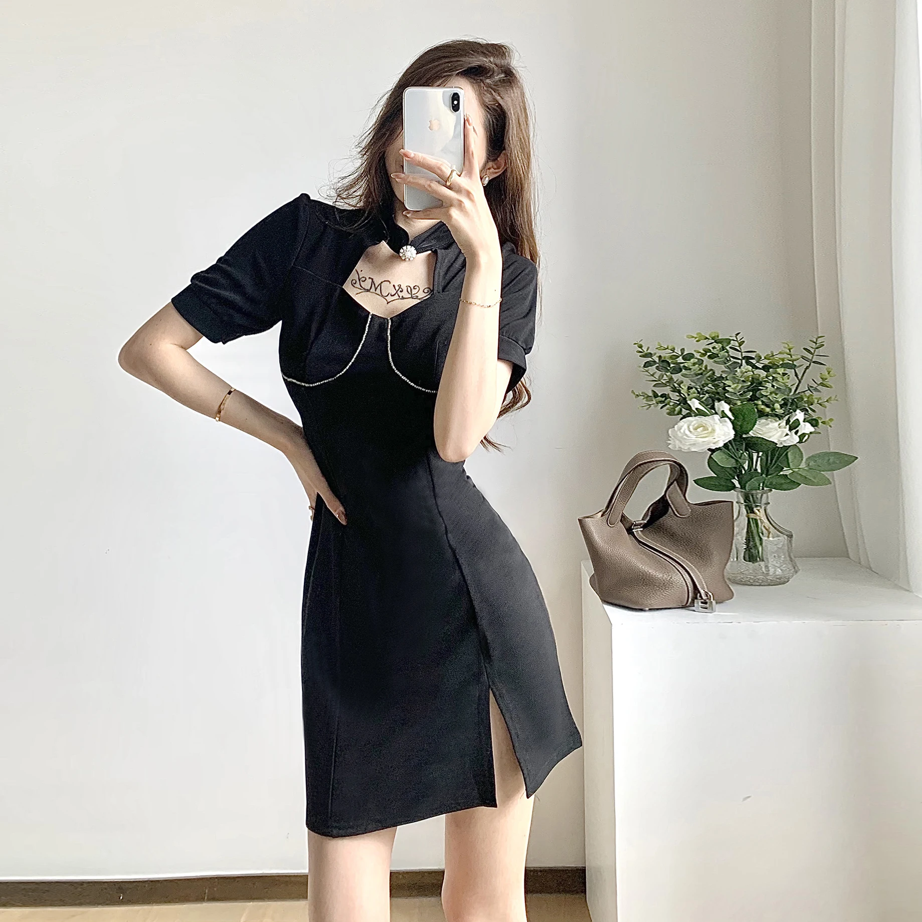 

Женское облегающее платье с коротким рукавом, элегантное черное ажурное платье с круглым вырезом и блестками, платье с разрезом на бедрах, л...