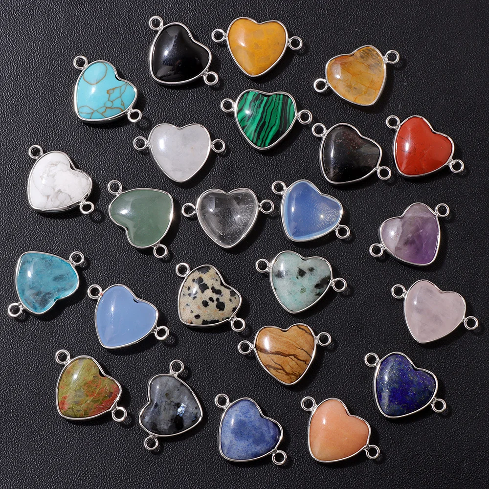 5PCS 15MM Natural Stone Pendant Connector Silver-colored Heart Shape Agates Malachite Crystal Beads Charms for Jewelry Making