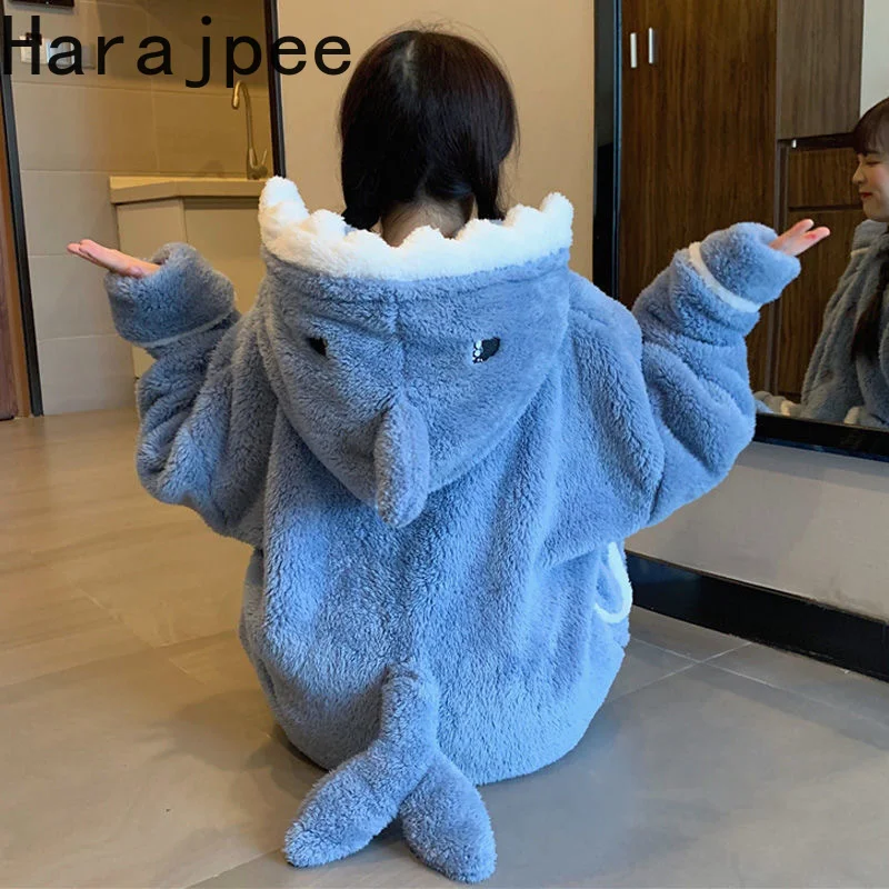 

Harajpee Women Pajamas 2022 Winter Japanese Sweet Temperament Kawaii Style Cute Cartoon Shark Hooded Coral Velvet Home Wear Suit