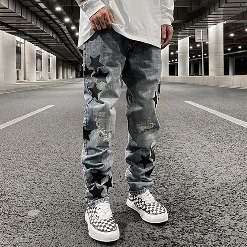 

Мужские джинсовые брюки с вышивкой пять звезд, из ПУ кожи