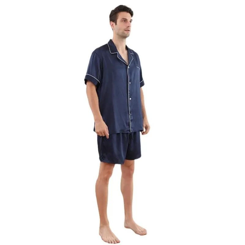 High Quality  Plain Silk Pajamas For Men Silk Shorts Set Pajama Navy Blue Silk Pajamas