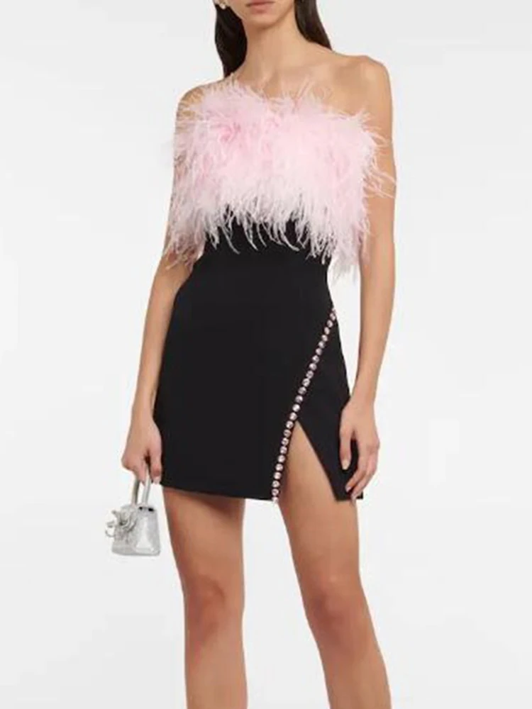 

Sexy New In Summer Strapless Backless Feather Splice Diamond Mini Skinny Dress for Women Elegant Fashion Party Club Dress 2023