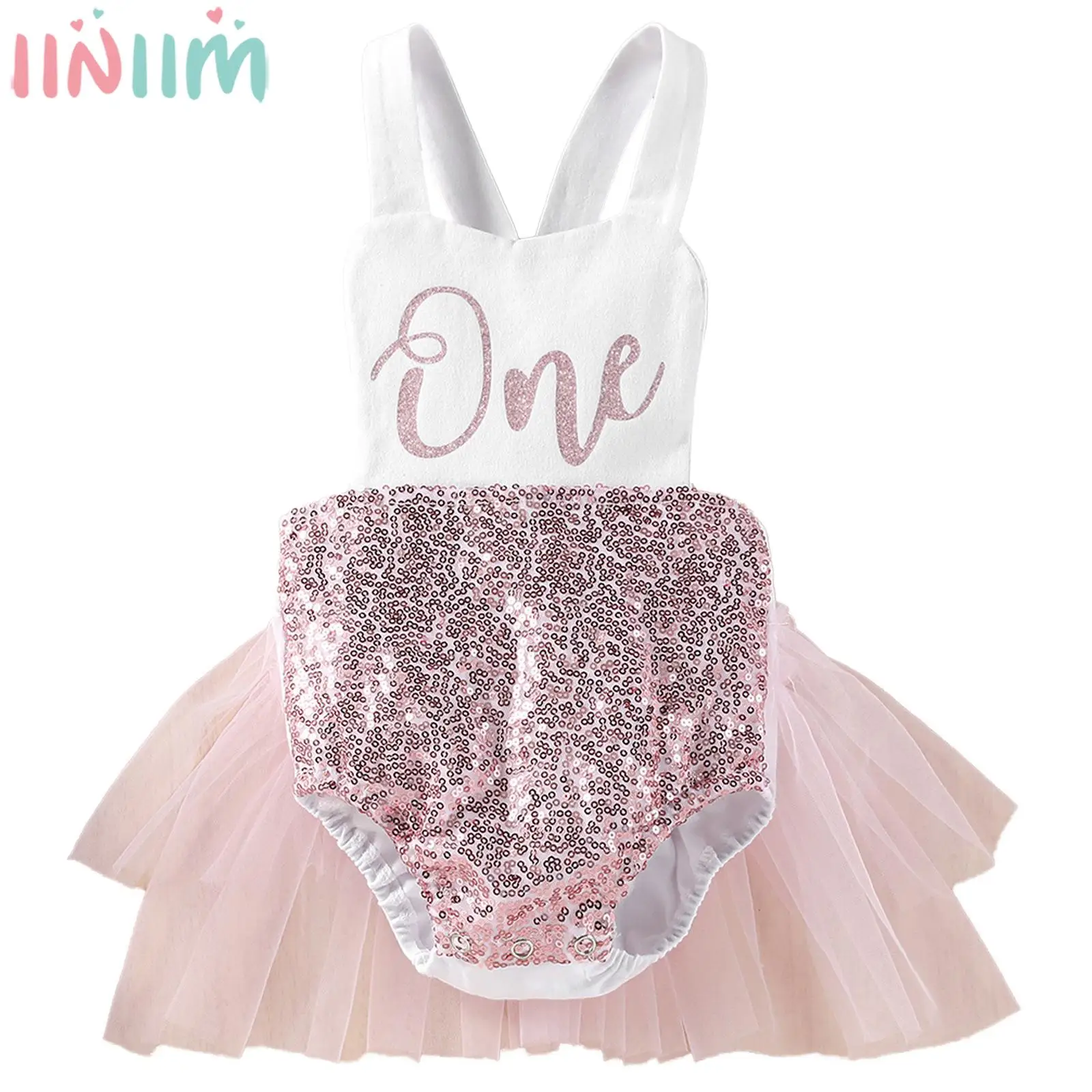

Baby Girls One Birthday Party Romper Mesh Tutu Cute Christening Clothing Sleeveless Backless Lace-up Shiny Sequin Princess Dress