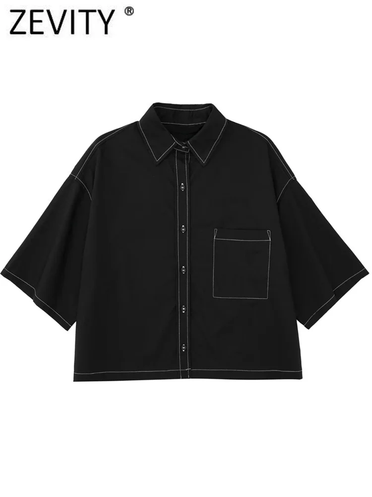 

Zevity Women Vintage Thread Stitching Decorative Black Smock Blouse Female Pocket Patch Shirts Chemise Blusas Chic Tops LS2505