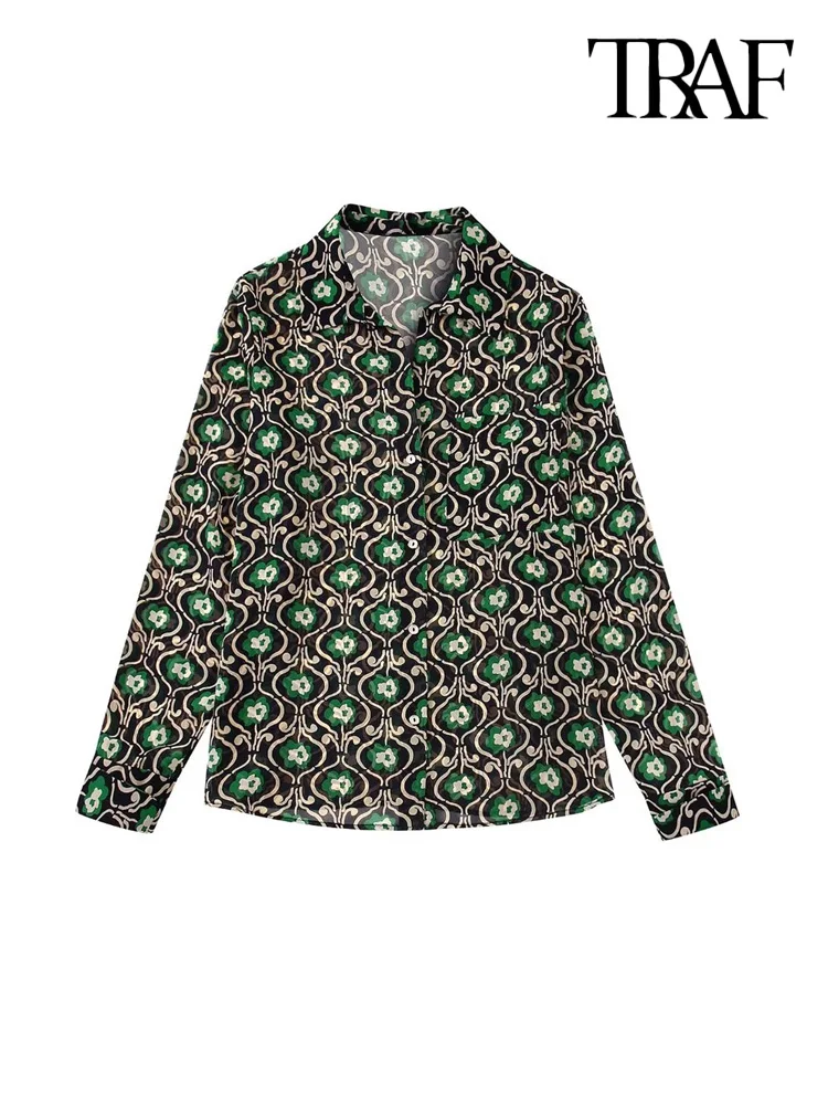 

Блузка женская полупрозрачная с цветочным принтом, длинным рукавом и пуговицами спереди